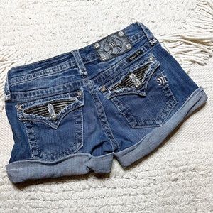 MISS ME dark wash embellished flap pocket cuffed denim shorts 26